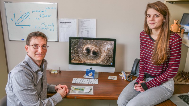 UAH Center for Space Plasma and Aeronautic Research (CSPAR) research scientist Dr. Tyson Littenberg, left, and space science graduate student Jessica Page helped the LIGO team with computer algorithms to extract physical information from the detection. ~photo Michael Mercier