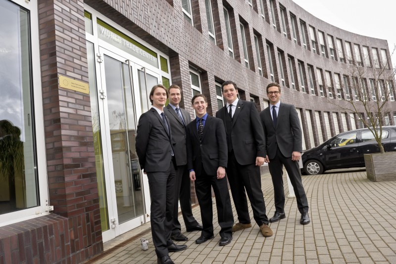 Alexander Vorwerk and Andreas Gerber of BremenInvest join Nathanial Long and Mark Becnel of RadioBro and Kirk Atkinson of Birmingham’s Adah International at RadioBro’s Bremen office. (Image: RadioBro)