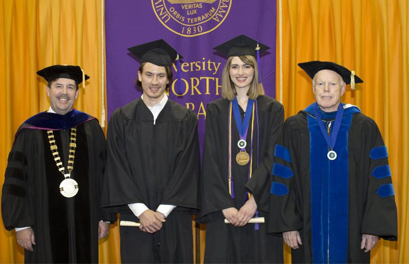 UNA President Kenneth Kitts and Dr. John Thornell awarded the Keller Key to Tyler Yasaka and Kaitlyn Nicole Wilson in the 2pm ceremony. Photographer: Shannon Wells 