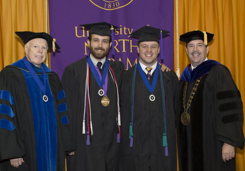 UNA President Kenneth Kitts and Dr. John Thornell awarded the Keller Key to James Michael Beaver and Nicholas Evan Lang in the 10 am ceremony. Photographer: Shannon Wells 