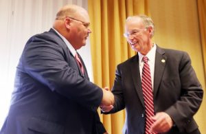 Alabama Gov. Robert Bentley greets Art Faulkner, Director, Alabama Emergency Management Agency (AEMA) 