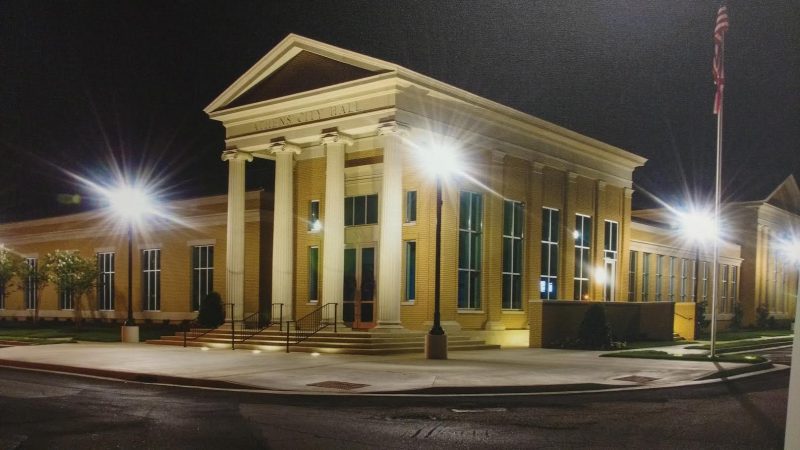  A night photo of City Hall taken by Randall Peek that is one of the art displays at City Hall