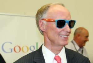 A very happy Alabama Gov. Bentley wears a pair of Google sunglasses after the company announced plans to build a $600 million data center in Alabama. (Governor’s Office, Jamie Martin)