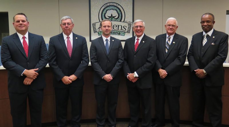 From left are Councilman Chris Seibert, Councilman Harold Wales, Councilman Joseph Cannon, Mayor Ronnie Marks, Councilman Wayne Harper and Councilman Frank Travis